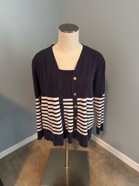 Lauren Ralph Lauren Navy and White Silk Blend Striped Button-Front Cardigan Set